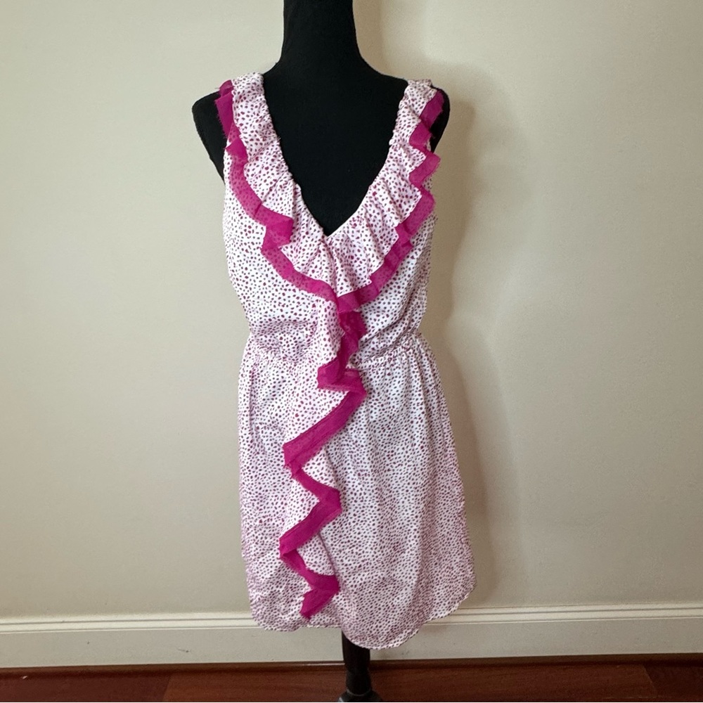 LOFT Pink White Polka Dot with Raw Edge Ruffle Dress